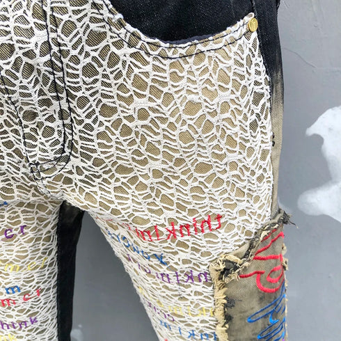 Punk Motorcycle Inspired Men’s Embroidered Splicing Jeans – Slim Fit Hip Hop Style Full Length Denim Pants for Trendy Looks
