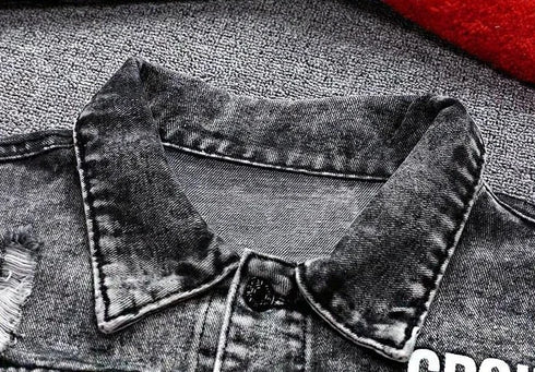 Men's Slim Fit Ripped Denim Jacket with Print for Hip Hop Style - Trendy Outerwear for Dance and Casual Wear