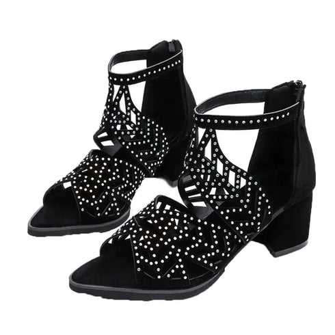 Rhinestone Faux Leather Hollow Out Thick Heel Sandals