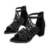 Rhinestone Faux Leather Hollow Out Thick Heel Sandals