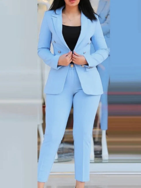 Chic Women's Long Sleeve Suit with Slim-Fit Wrap Buttock Pencil Pants – Elegant 2 Piece Office Ensemble for Autumn and Winter Fashion