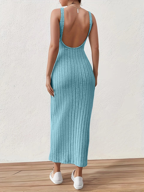 Solid Backless Tank Dress for Women - Summer Sleeveless Knitted Midi Dress