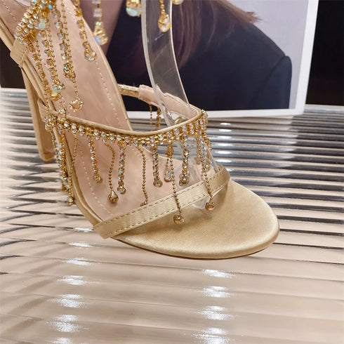 Elegant Crystal Tassel Stiletto Sandals Women Heels