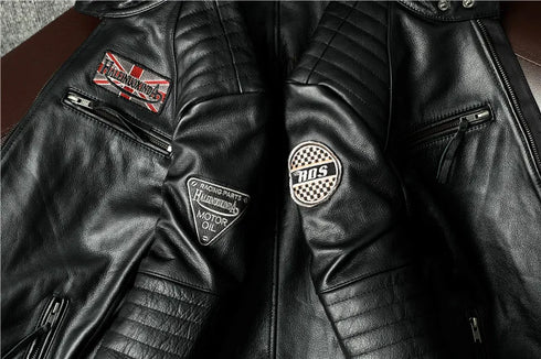 Vintage Genuine Leather Biker Jacket for Men – Slim Fit Cowhide Motorcycle Outerwear with Pockets and Embroidery Details for All Seasons