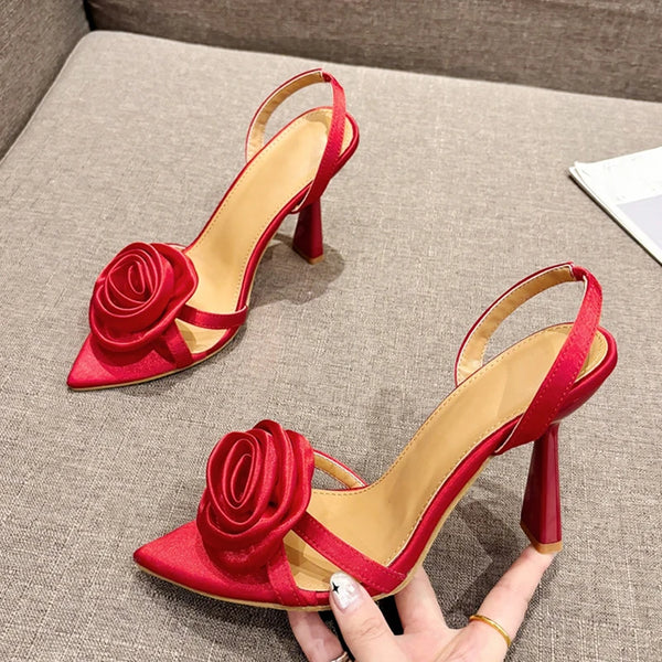 Silk Rose Pointed Open Toe Back Strap Heels Sandals