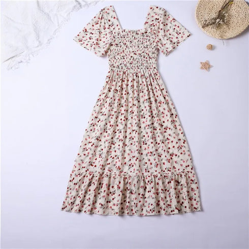 Floral Pleated Chiffon Midi Dress for Women with Short Sleeves and Backless Design