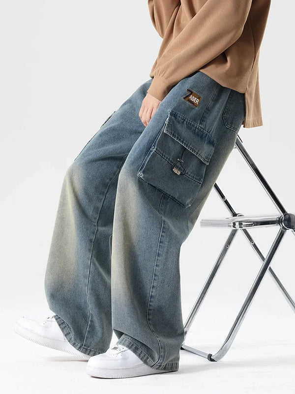 Autumn Men's Cargo Jeans Big Pocket Drawstring Baggy Denim Trousers