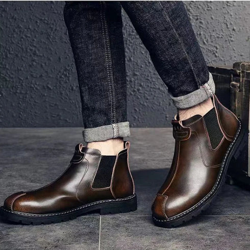 Stylish Genuine Leather Ankle Boots for Men - Casual British Work Shoes