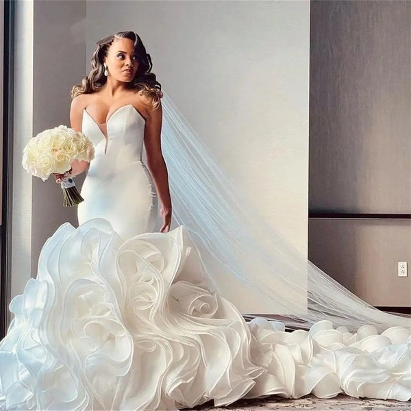 Customized Mermaid Wedding Dresses Strapless Ruffle Train Elegant Bridal Gown