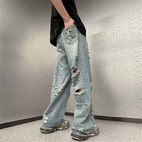 High Street Ripped Jeans Men's Clothing Wide Leg Trousers