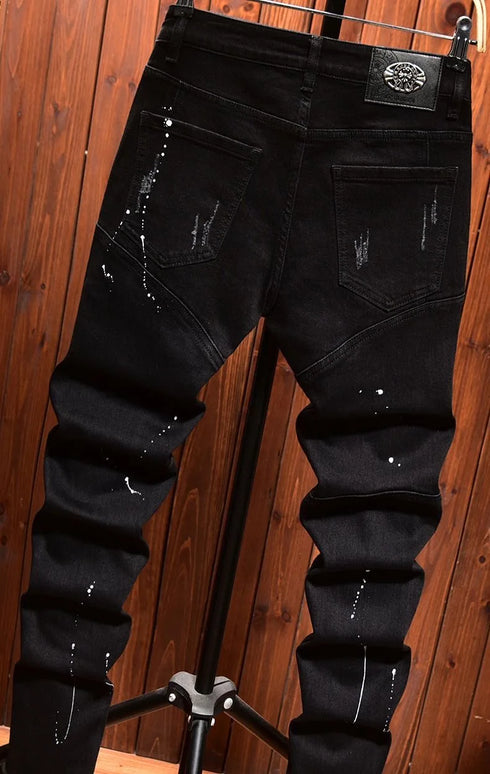 Retro Ripped Black Stretch Jeans Men's Casual Comfort Pants