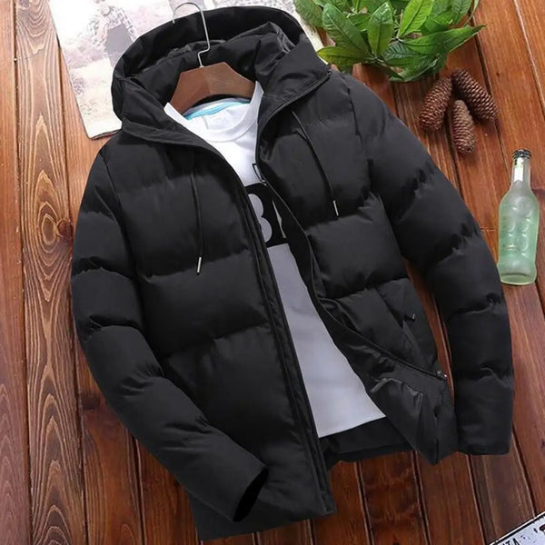 Men's Warm Hooded Casual Winter Parka Jacket - Thick Puffer Overcoat with Zipper Closure, Cozy Outerwear for Autumn and Winter Adventures, Featuring Stylish Pockets and Regular Length