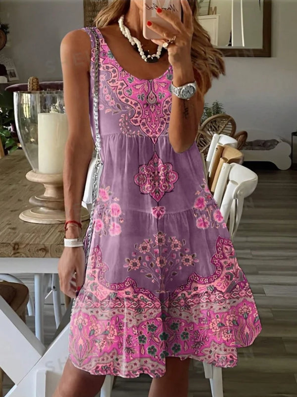 Plus Size Summer Printed Pleated Sleeveless V Neck Dress for Women