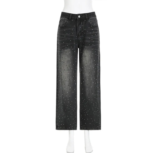 Stylish Casual Straight Leg Jeans for Women with Rhinestone Details - Perfect for Fall Outfits and Everyday Wear
