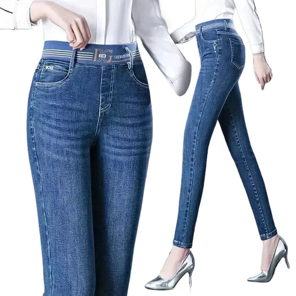 High Waist Skinny Jeans with Elastic Waist and Pockets Vintage Denim Jeans for Women