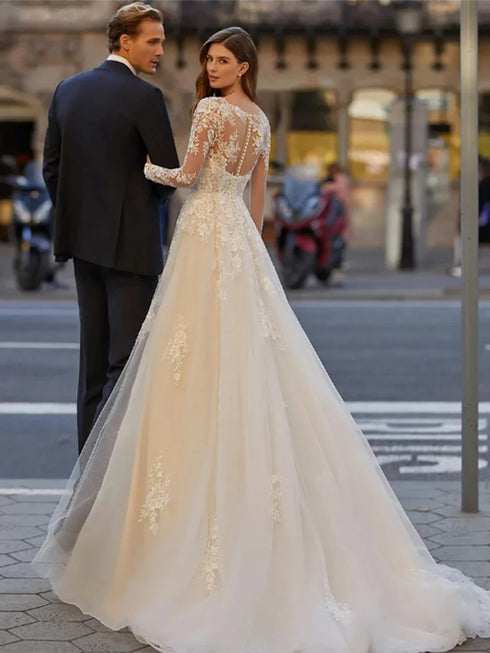 Luxury A Line V Neck Wedding Dresses Long Sleeves Bridal Gowns Appliques Button Back