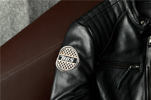 Vintage Genuine Leather Biker Jacket for Men – Slim Fit Cowhide Motorcycle Outerwear with Pockets and Embroidery Details for All Seasons