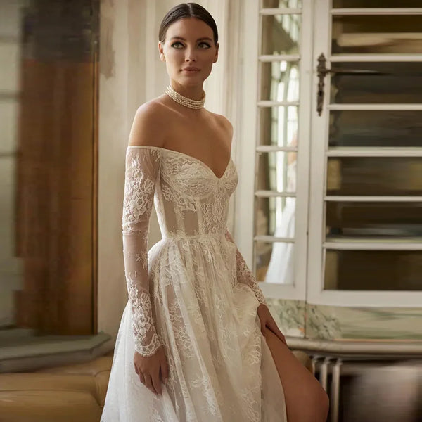 Elegant Off-Shoulder Lace A-line Wedding Dress Backless Gowns