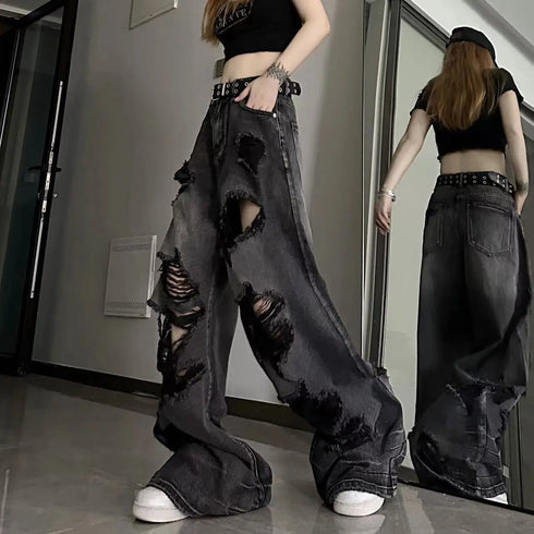 Vintage Wide Leg Ripped Denim Jeans for Women - Y2K Style Loose Fit Straight Pants Perfect for Fall Outfits and Streetwear Inspiration