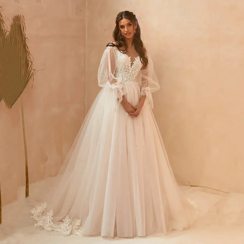 Tulle Wedding Dress With Long Puff Sleeves And Sheer O-Neck Appliques Floor-Length A-Line Bridal Gown
