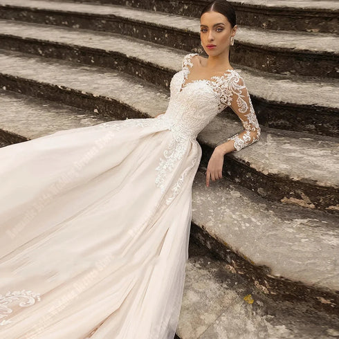 Dreamy A-Line Bridal Dress with Lace Long Sleeves and Illusion Print Backless Design