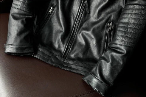 Vintage Genuine Leather Biker Jacket for Men – Slim Fit Cowhide Motorcycle Outerwear with Pockets and Embroidery Details for All Seasons