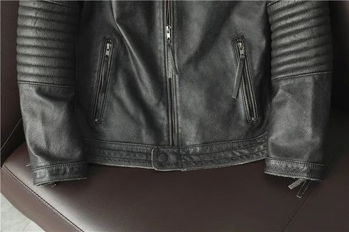 Vintage Genuine Leather Biker Jacket for Men – Slim Fit Cowhide Motorcycle Outerwear with Pockets and Embroidery Details for All Seasons