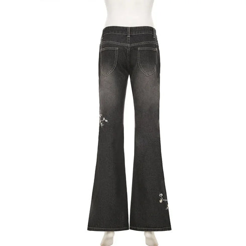 Floral Embroidery Vintage Low Rise Flared Jeans Women