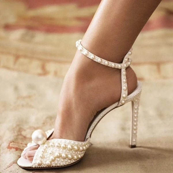 Elegant Women’s Gladiator Sandals with Luxury Pearls and Studs – Chic Peep Toe High Heels for Weddings and Special Occasions