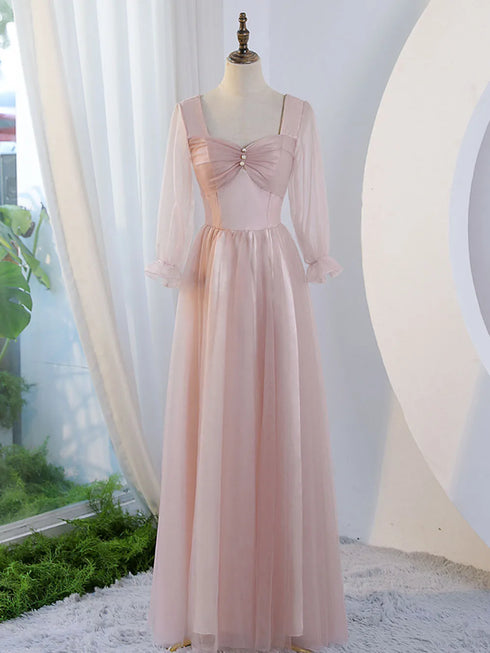 V-Neck Ruched Tulle A-Line Dress With Square Collar And Appliques And Bow Bridesmaid Dress