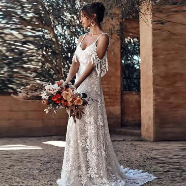 Boho Lace Wedding Dresses V-neck Spaghetti Straps A-line Gowns