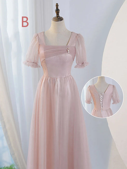 V-Neck Ruched Tulle A-Line Dress With Square Collar And Appliques And Bow Bridesmaid Dress