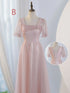 V-Neck Ruched Tulle A-Line Dress With Square Collar And Appliques And Bow Bridesmaid Dress