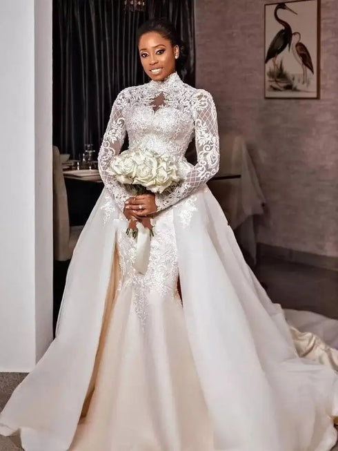 Sexy Lace Mermaid Wedding Dresses Beaded High Neck Gowns