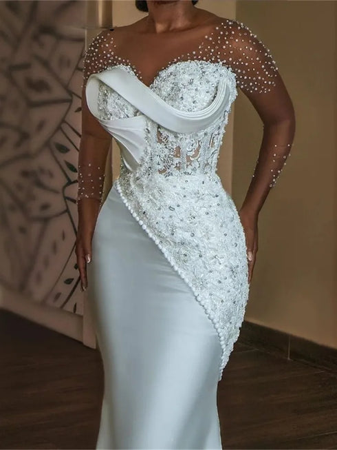 Luxury Pearls Beaded Mermaid Wedding Dress Aso Ebi Gown