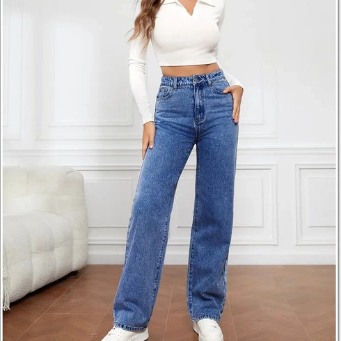 Denim Jeans Women Straight Pants High Waist Loose Basics Ankle Length Y2k Streetwear Slight Stretch