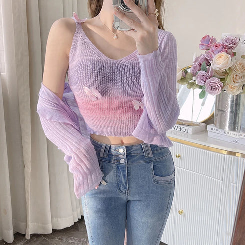 Butterfly Striped Knitted Tank Top for Women – Sweet V Neck Sleeveless Slim Camisole Perfect for Summer Outings and Cute Tops Enthusiasts