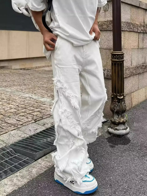 Distressed Cargo Pants for Men and Women - Streetwear Hip-Hop Style Erosion Damage Loose Straight Leg Jeans with Ruched Decoration - Perfect for Casual Autumn Outfits