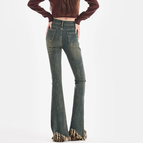 Ripped High Waist Flared Jeans For Women Retro Denim Trousers Casual Street Style Classic Fit