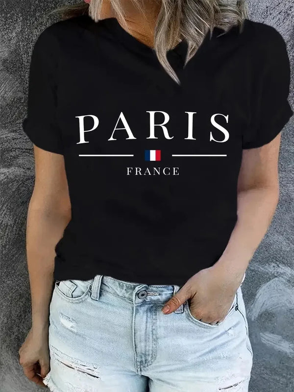 Paris Print Short Sleeve Crew Neck T-Shirt Casual Women's Tops for Spring and Summer