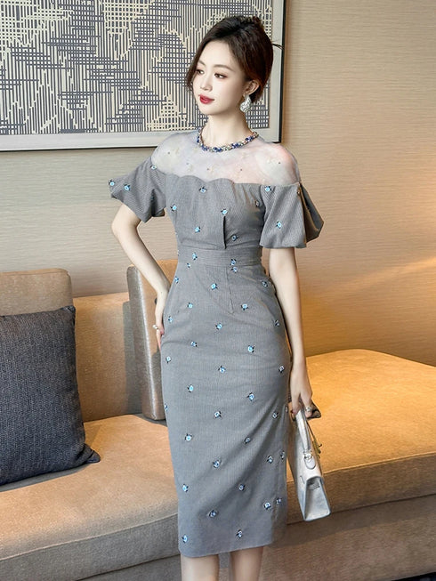 Work Style Striped Floral Formal Occasion Dress Women Clothes