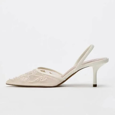 Mesh Embroidered Floral Slingback Heels Sandals For Women