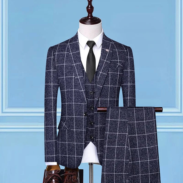 Men's Three-Piece Suit Set Checkered Vest Trousers Trendy Business Casual Wear