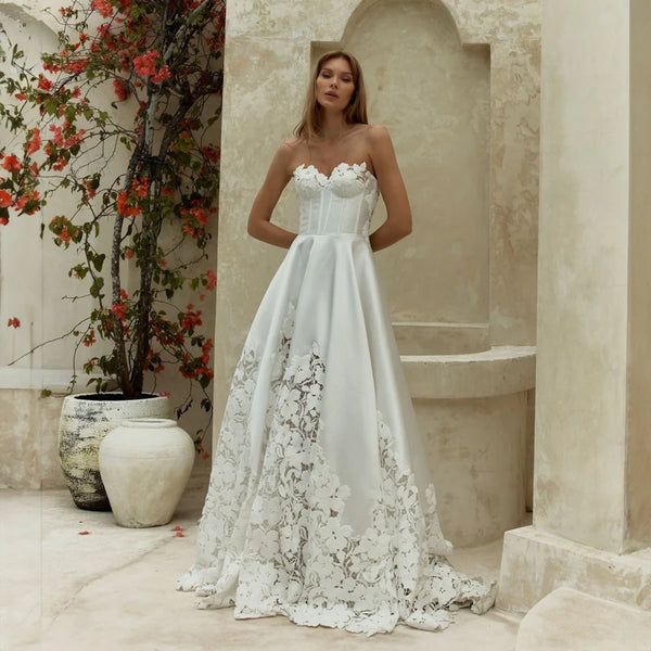 Customized Stunning Wedding Dresses See Through Bridal Gowns A Line Lace and Satin Collections
