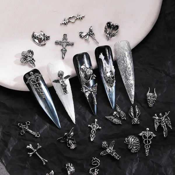 20pcs Gothic Punk Halloween Nail Art Charms - 3D Alloy Decorations Featuring Retro Angels, Ghosts, and Crosses for DIY Manicure Accessories