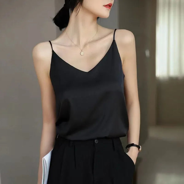 Chic Halter V Neck Satin Silk Tank Top for Women - Stylish Casual Cami Sleeveless Summer Tops Perfect for Everyday Wear