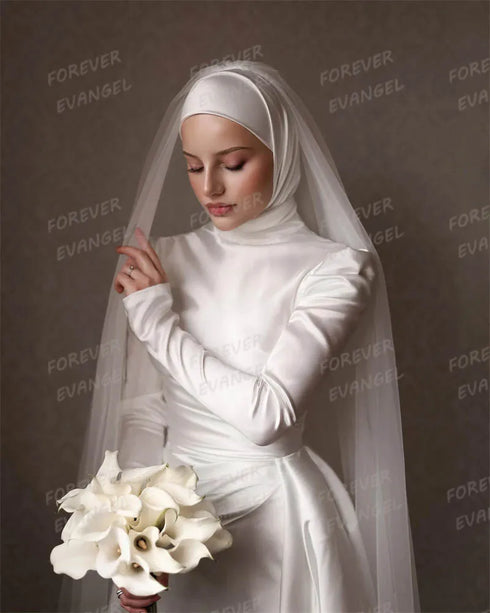 Luxury Muslim Wedding Dresses Mermaid Long Sleeve Satin Bride Gowns Elegant Customized