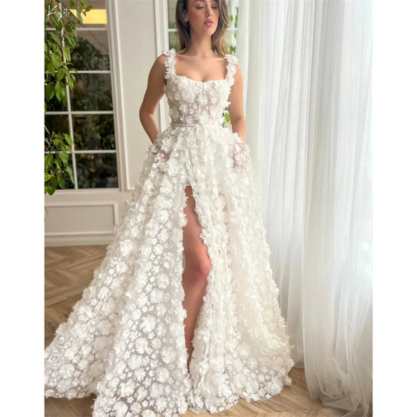 Backless Lace Up Three Dimensional Floral Wedding Dress With Silk Appliques A Line Floor Length