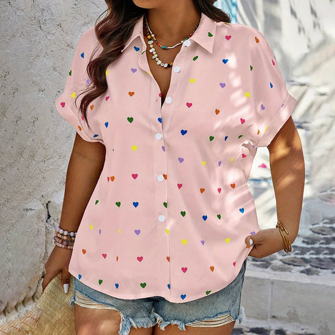 Women’s Summer Heart Print Shirt Casual Plus Size Button Down Top