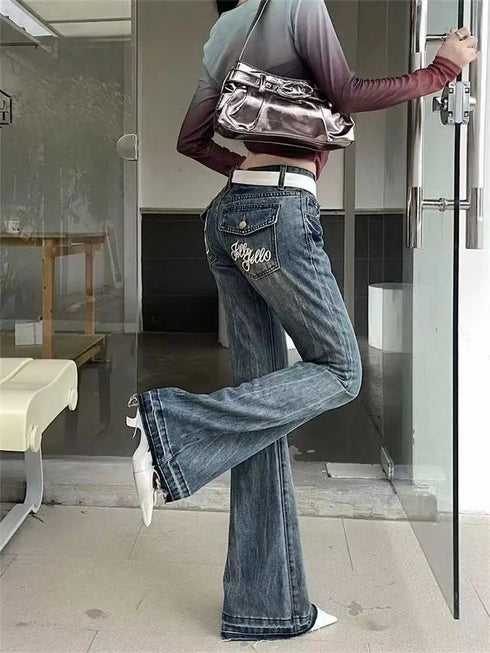 Vintage Y2K Inspired Low Waist Flare Jeans for Women - Perfect for Fall Outfits and High Street Style with Embroidery and Distressed Details